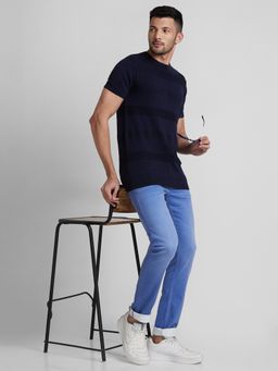 Globus - Men Navy Blue Self Design Cotton Round Neck Regular Fit T-shirt