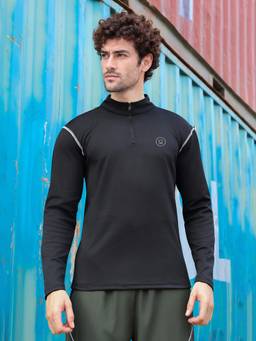 CHKOKKO - Men's Compression Quarter-Zip Full Sleeve Black T-Shirt