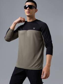 Technosport - Men's Colorblock Slim Fit Round Neck Sports Olive T-Shirt