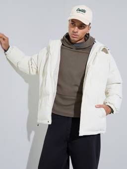 Styli - Men White Solid Zip Up Long Sleeves Hooded Oversized Jacket