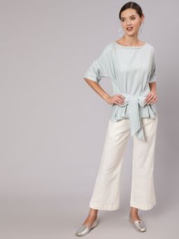 Jaipur Kurti - Light Blue Self Weaved Embellished Top with Flared Pants (Set of 2)