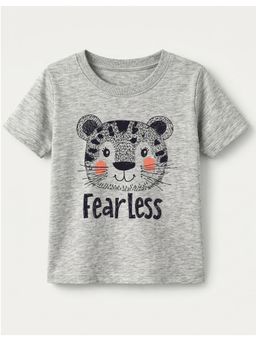 KAVEE - Cotton Knit Half Sleeves Tiger and Fearless Text Printed T-shirt - Grey