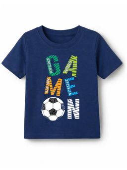 KAVEE - Cotton Knit Half Sleeves Game On Text Printed T-shirt - Navy Blue