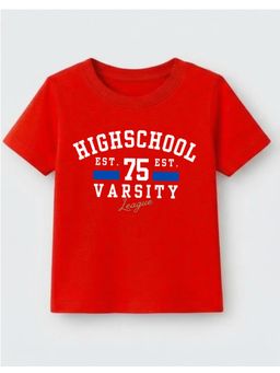 KAVEE - Cotton Knit Half Sleeves High School Varsity Text Printed T-shirt - Red
