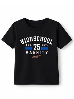 KAVEE - Cotton Knit Half Sleeves High School Varsity Text Printed T-shirt - Black