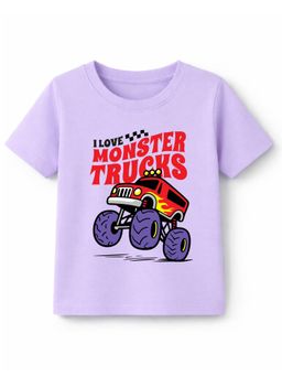 KAVEE - Cotton Knit Half Sleeves Monster Trucks Text Printed T-shirt - Lavender