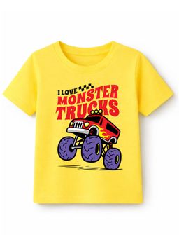 KAVEE - Cotton Knit Half Sleeves Monster Trucks Text Printed T-shirt - Yellow