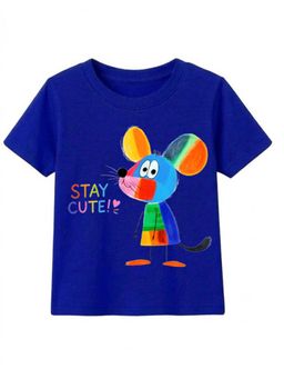 KAVEE - Cotton Knit Half Sleeves Mouse and Stay Cute Printed T-shirt - Royal Blue