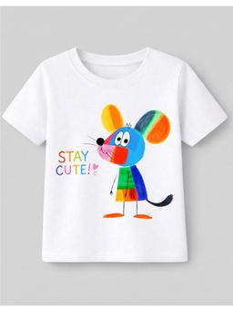 KAVEE - Cotton Knit Half Sleeves Mouse and Stay Cute Printed T-shirt - White