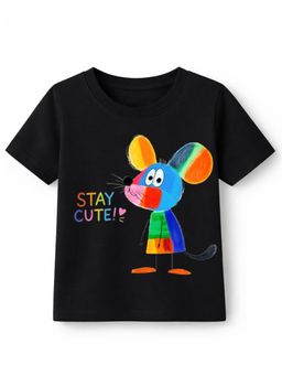 KAVEE - Cotton Knit Half Sleeves Mouse and Stay Cute Printed T-shirt - Black