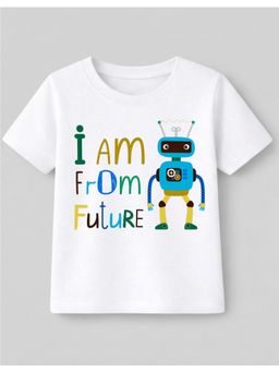 KAVEE - Cotton Knit Robot and I Am From Future Text Printed T-shirt - White