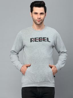 RIGO - Men Grey Melange Crew Neck Printed Terry Sweatshirt