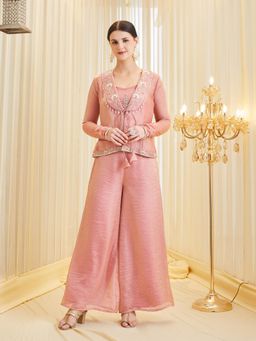 Colors Of Earth - Women Pink Embroidered Crop Top with Palazzo and Jacket