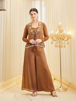 Colors Of Earth - Women Brown Embroidered Crop Top with Palazzo and Jacket