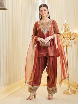Colors Of Earth - Women Rust Embroidered Kurti with Farsi Salwar and Dupatta