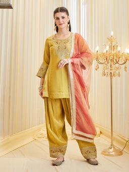 Colors Of Earth - Women Yellow Embroidered Kurti with Farsi Salwar and Dupatta