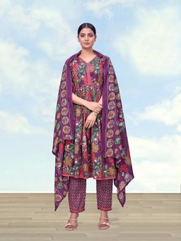 Monjolika Fashion - Women Purple Floral Printed Anarkali Kurta with Pant and Dupatta