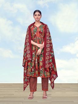 Monjolika Fashion - Women Maroon Floral Printed Anarkali Kurta with Pant and Dupatta