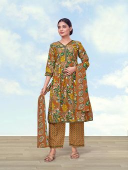 Monjolika Fashion - Women Mustard Floral Printed Anarkali Kurta with Pant and Dupatta