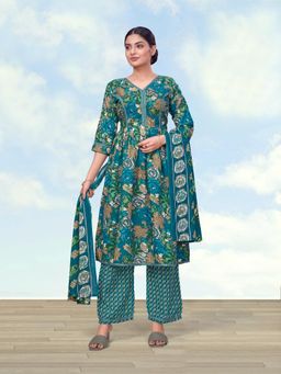 Monjolika Fashion - Women Teal Floral Printed Anarkali Kurta with Pant and Dupatta
