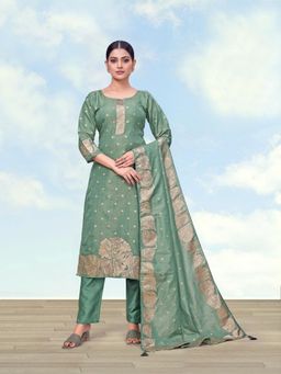 Monjolika Fashion - Women Green Woven Zari Kurta with Pant and Dupatta