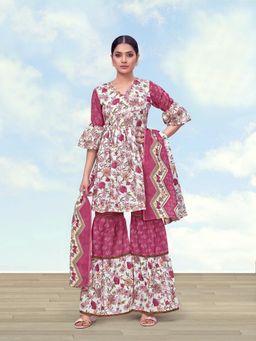 Monjolika Fashion - Women Pink Floral Printed Kurti with Sharara and Dupatta