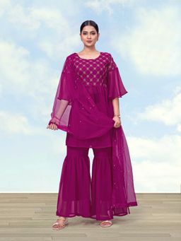 Monjolika Fashion - Women Purple Embroidered Kurti with Sharara and Dupatta