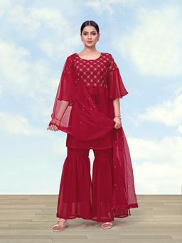 Monjolika Fashion - Women Red Embroidered Kurti with Sharara and Dupatta