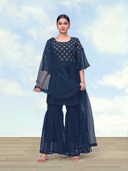 Monjolika Fashion - Women Teal Embroidered Kurti with Sharara and Dupatta