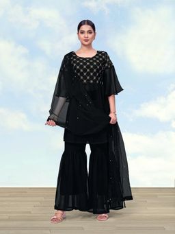 Monjolika Fashion - Women Black Embroidered Kurti with Sharara and Dupatta