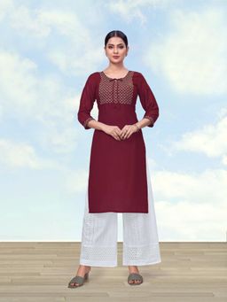 Monjolika Fashion - Women Maroon Embroidered Sequined Work Kurta with Palazzo