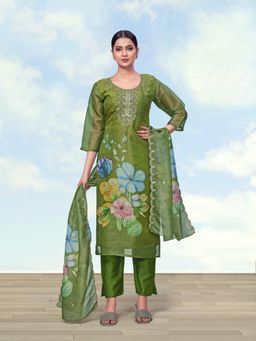 Monjolika Fashion - Women Green Floral Embroidered Kurta with Pant and Dupatta