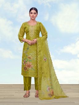 Monjolika Fashion - Women Olive Floral Embroidered Kurta with Pant and Dupatta