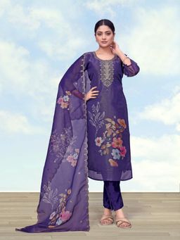 Monjolika Fashion - Women Purple Floral Embroidered Kurta with Pant and Dupatta