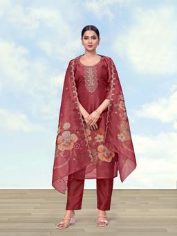 Monjolika Fashion - Women Maroon Floral Embroidered Kurta with Pant and Dupatta