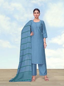 Monjolika Fashion - Women Blue Solid Printed Kurta with Palazzo and Dupatta