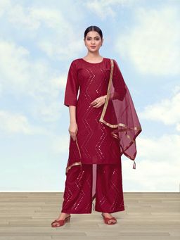 Monjolika Fashion - Women Maroon Embroidered Mirror Work Kurta with Palazzo and Dupatta