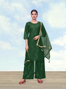 Monjolika Fashion - Women Green Embroidered Mirror Work Kurta with Palazzo and Dupatta
