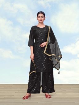 Monjolika Fashion - Women Black Embroidered Mirror Work Kurta with Palazzo and Dupatta