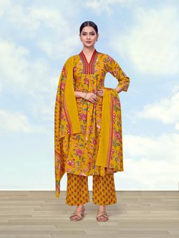 Monjolika Fashion - Women Mustard Floral Printed Anarkali Kurta with Pant and Dupatta