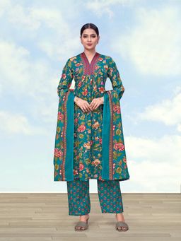 Monjolika Fashion - Women Teal Floral Printed Anarkali Kurta with Pant and Dupatta