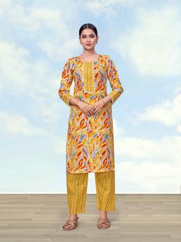 Monjolika Fashion - Women Yellow Printed Lace Work Kurta with Pant