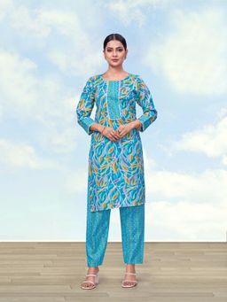 Monjolika Fashion - Women Blue Printed Lace Work Kurta with Pant