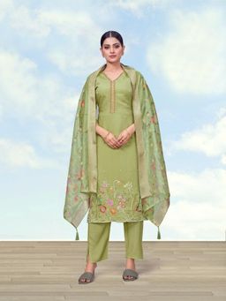 Monjolika Fashion - Women Olive Floral Embroidered Kurta with Pant and Dupatta