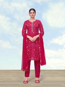 Monjolika Fashion - Women Pink Bandhani Printed Kurta with Pant and Dupatta