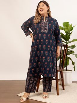 INDO STREET - Women Navy Blue Floral Printed Kurta with Pant