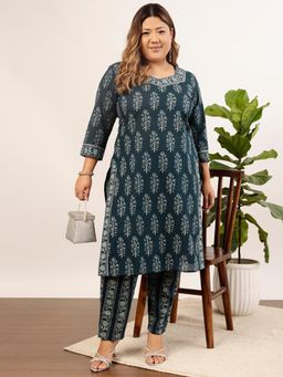 INDO STREET - Women Navy Blue Floral Printed Kurta with Pant