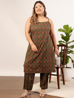 INDO STREET - Women Olive Floral Printed Kurta with Pant