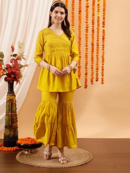 INDO STREET - Women Yellow Embroidered Sequined Work Kurti with Sharara