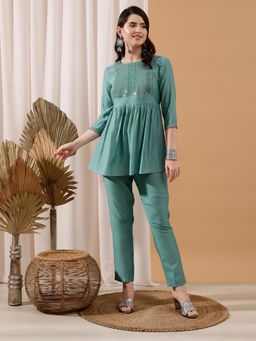 INDO STREET - Women Green Embroidered Sequined Work Kurti with Pant